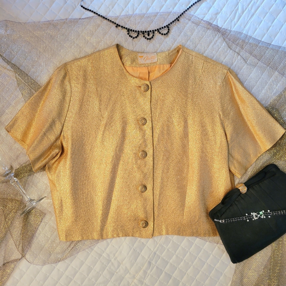 🌟 VTG 1960s Gold Lurex Lame Cropped Evening Jacket/Bolero Sz M